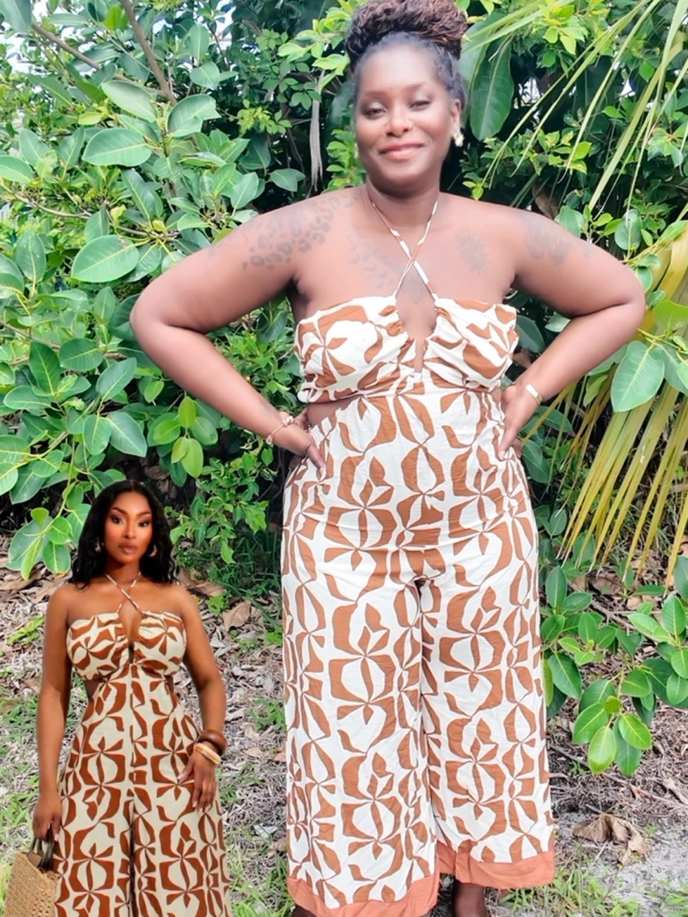 SHEIN Brown & Cream Strapless Halter Wide-Leg Jumpsuit